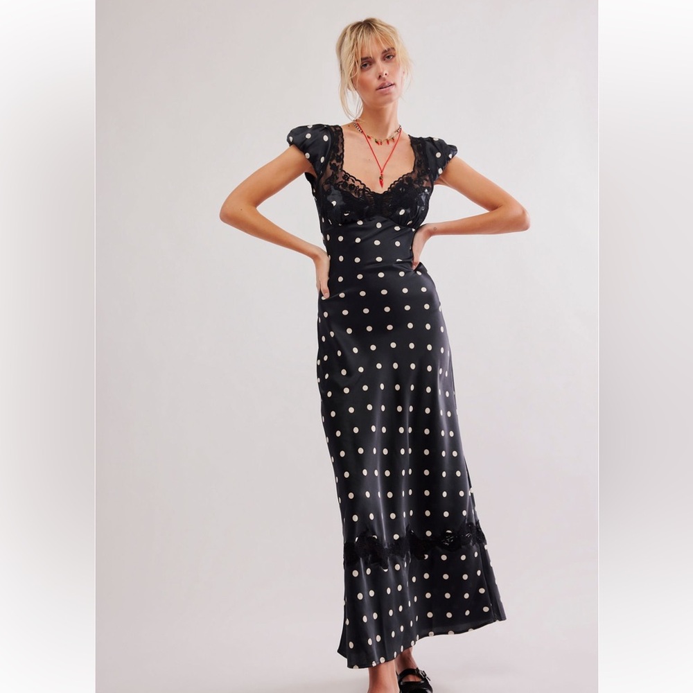 Free People Butterfly Babe Maxi Black Polka Dot Lace-Trim dress xs